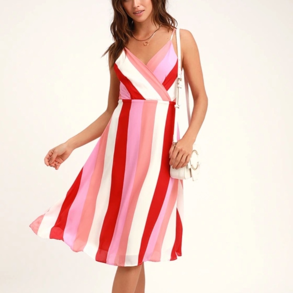 Lulus Veronica pink multi stripe midi dress